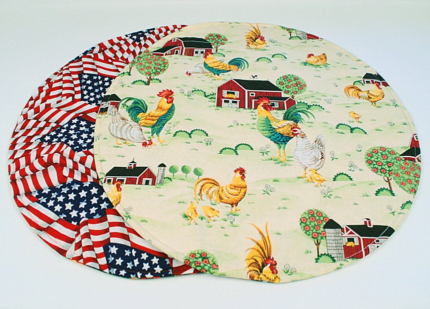 Roosters/Barn Table Runner, Round,Quilted, Country/Patriotic Home Decoration, 20 in. dia.
