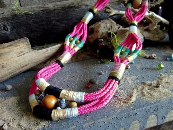 RESERV ELLIE Fiber Optix-Neon rope, Fiber and Beaded Long Statement Necklace-Pink/Mint