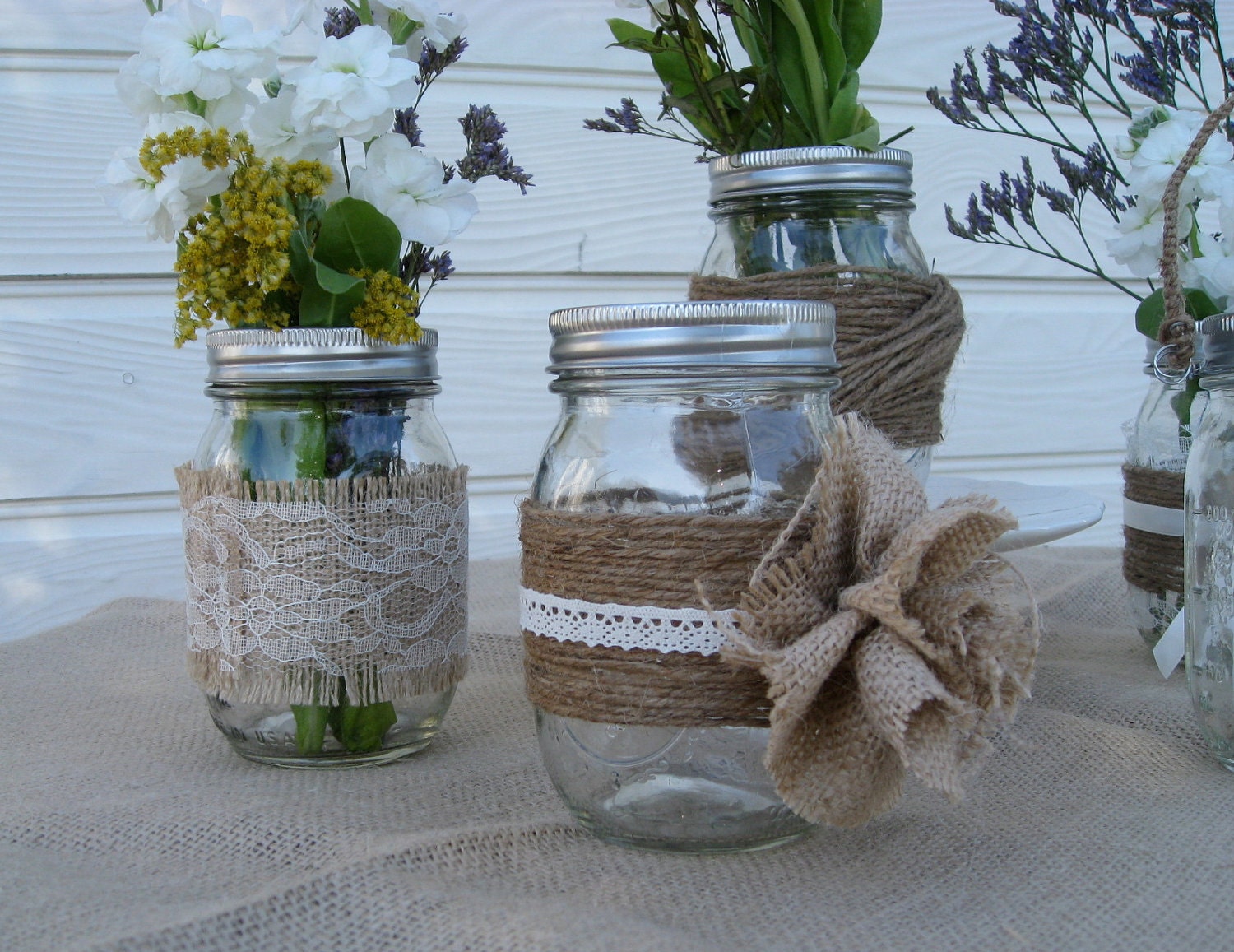 Ball Jars with Rustic Chic Trimmings