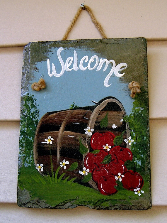 Hand Painted Slate Welcome Sign Basket of by FolckCraftsAndMore