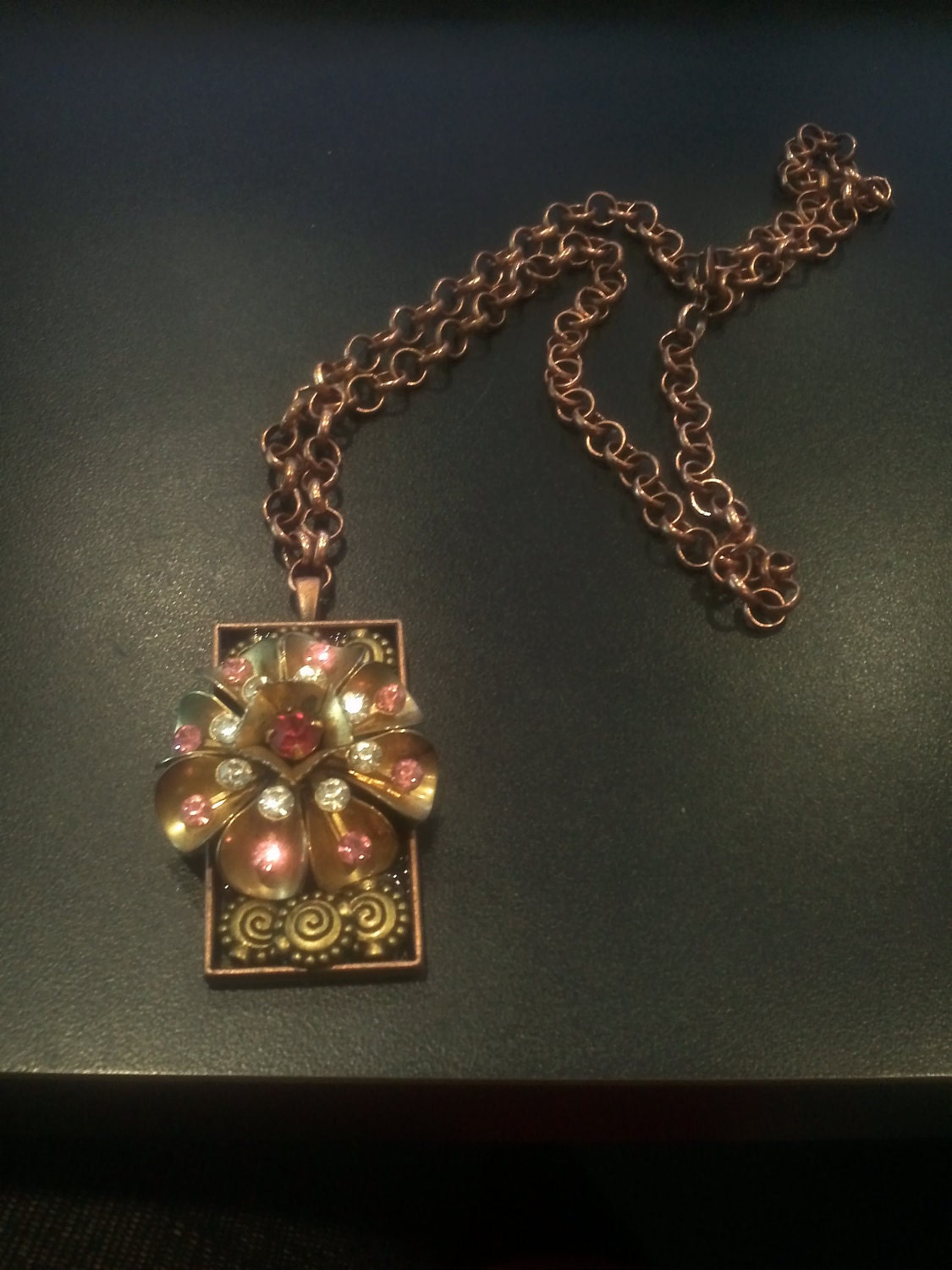 Free Shipping in US- Unique Statement Necklace, Fancy Vintage Flower Collage Necklace Rectangle Broach
