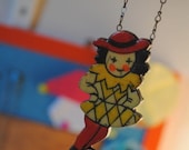 Vintage Little French Girl Wood Acrylic Pendant Jewelry Supplies