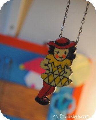 Vintage Little French Girl Wood Acrylic Pendant Jewelry Supplies