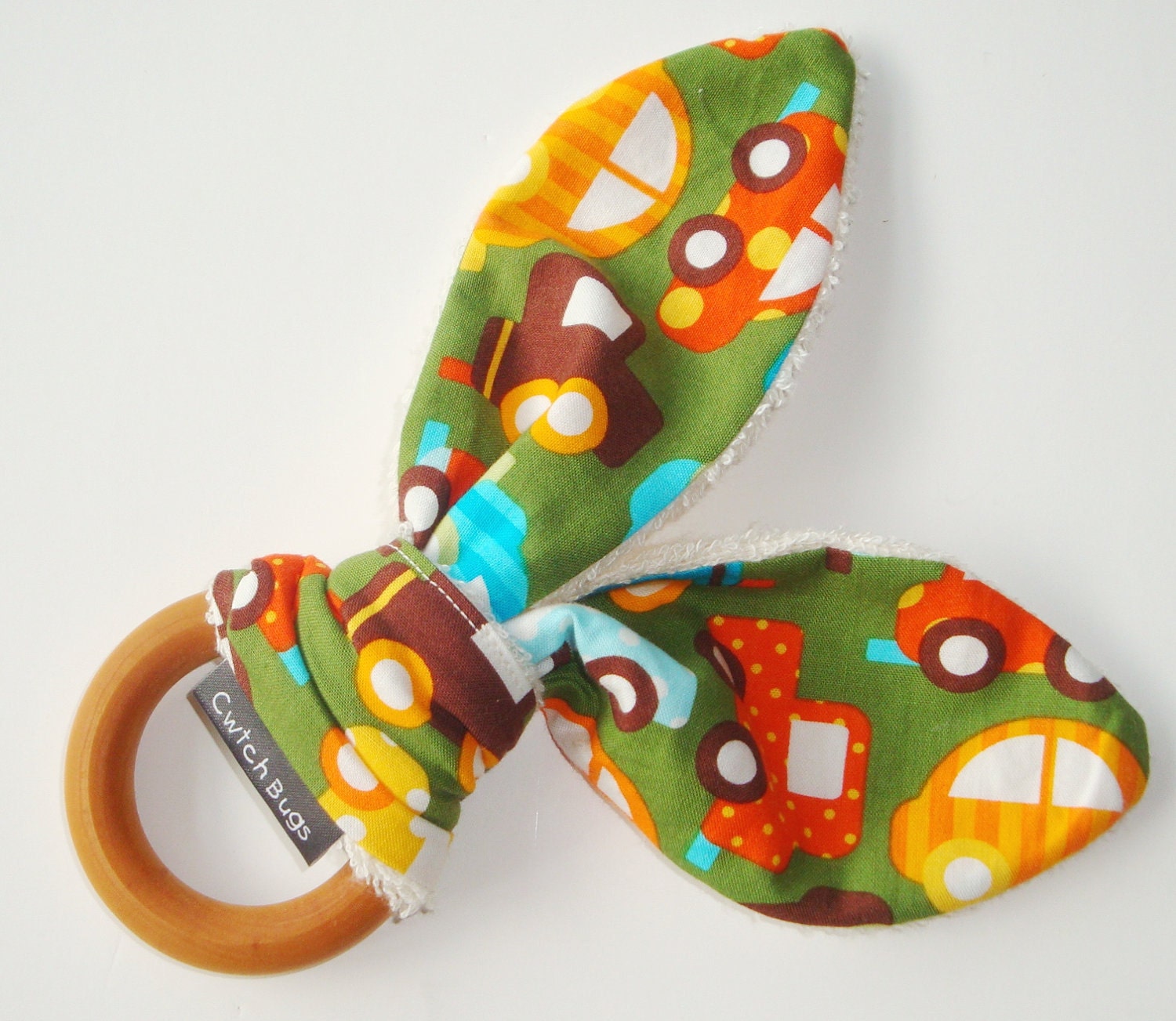Natural Wooden Teething Ring Soother in ORGANIC 'Cars'  fabric ....A  Gift idea from Cwtch Bugs