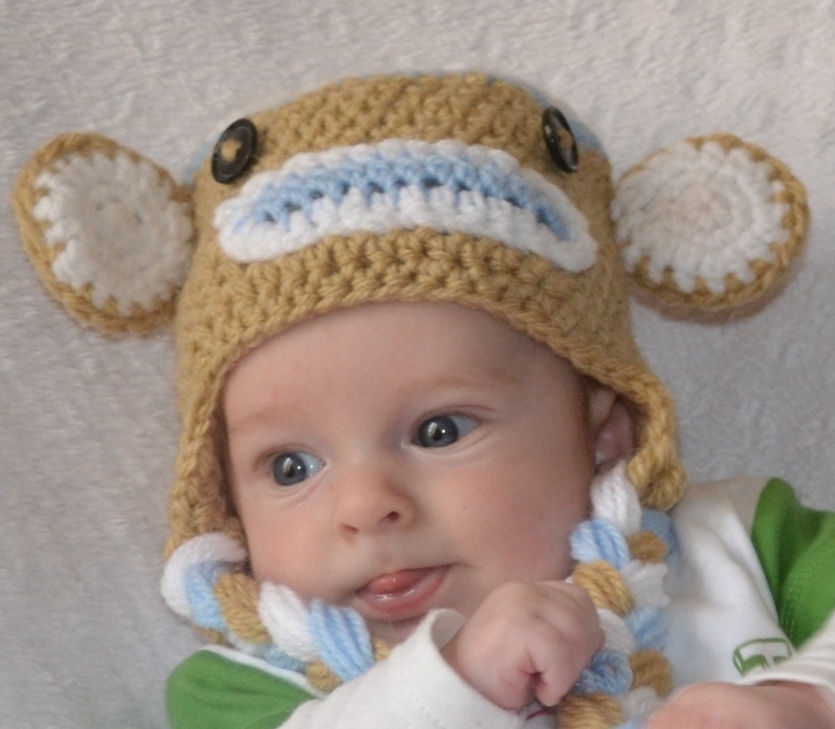 PHOTO PROP Hand Crochet Baby Sock Monkey Hat with Earflaps -  Cwtch Bugs UK Seller