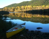 Lake, canoe, cabin decor, Fine Art Photography, fall color art, 5x7 print, Canadian scenic Nature photo