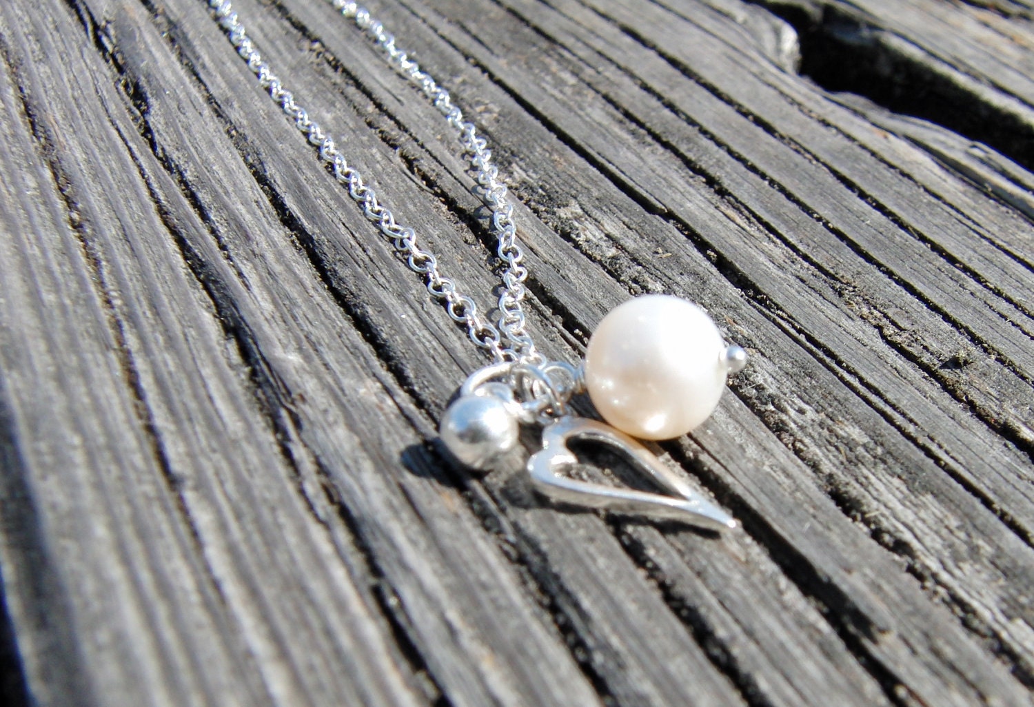 Freshwater Pearl and Sterling Silver Heart Charm Necklace Valentine's Day Gift