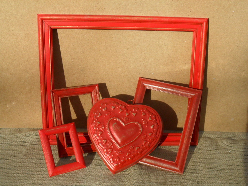 Red Shabby Chic Picture Frames Romantic Gifts For Her Heart Rustic Cabin Country Farmhouse Kitchen Home Decor Wedding Romance Love