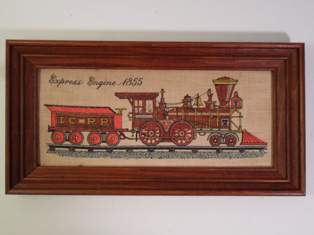 Vintage Train Engine Rustic Red Brown Wall Hanging Picture Frame Retro Country Farmhouse Cottage Home Decor Dude Gift Kay Dee Hand Print