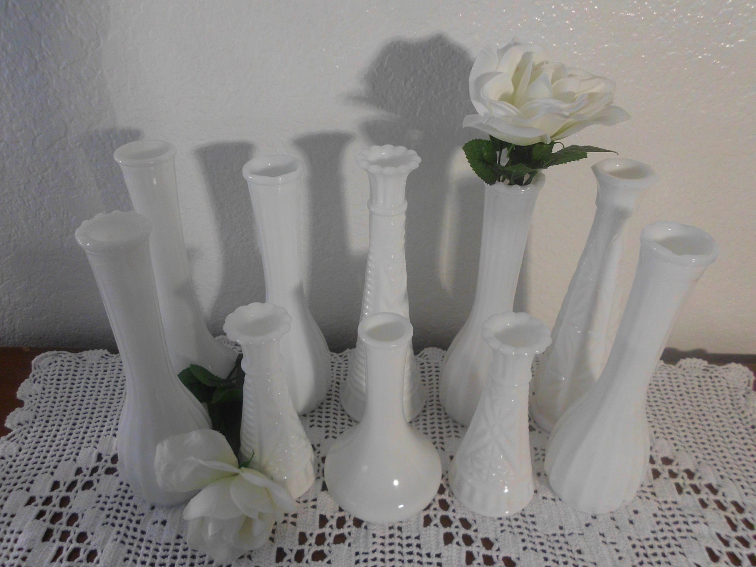 Vintage White Milk Glass Vases Wedding Instant Collection Set of Ten Cottage Home Decor Spring Summer Beach Destination Country Farmhouse