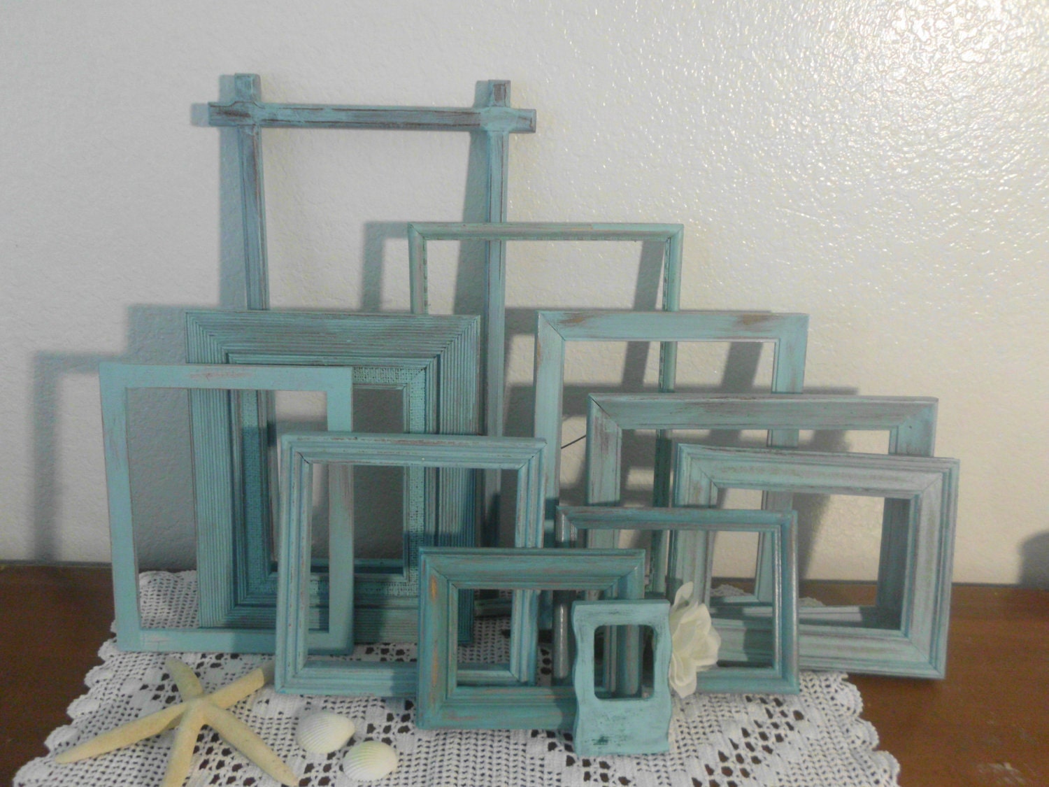 Rustic Beach Frame Set Shabby Chic Aqua Turquoise Tiffany Blue Coastal Cottage Wall Gallery French Home Decor Spa Retreat Distressed