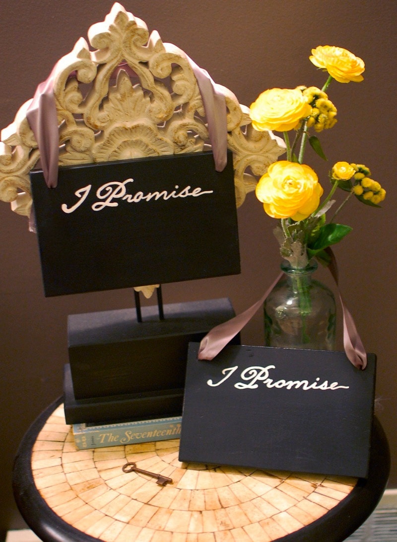 Two Chalkboard "I Promise" Signs with Hanging Ribbon for Chair or Photobooth