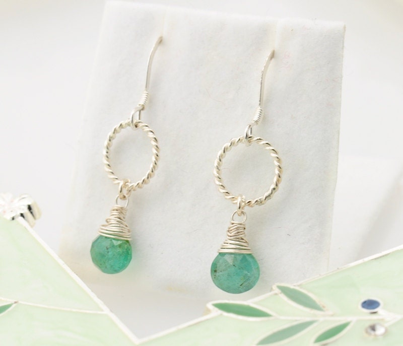 Green Sapphire Earrings - Silver. Heart Shaped Pear Briolettes. Sterling Silver. wire wrapped. - Fifi LaBonge -