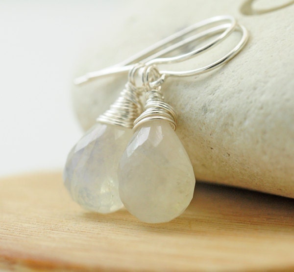 Moonstone earrings - Faceted Drops Shaped Briolettes. Sterling Silver. wire wrapped. June Birthstone - Fifi LaBonge -