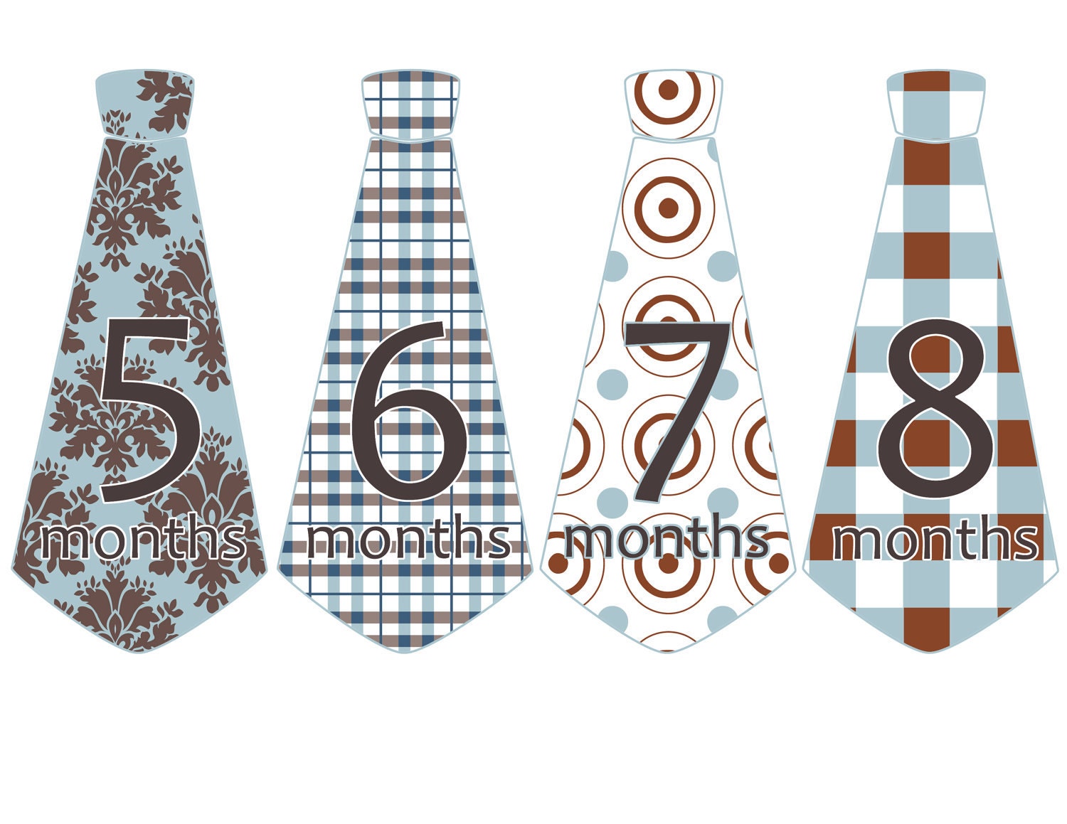 Monthly Onesie Tie Stickers - Boy Blues And Browns - Argyle, Plaid, Stripes, Dots, Damask - Baby Shower Gift