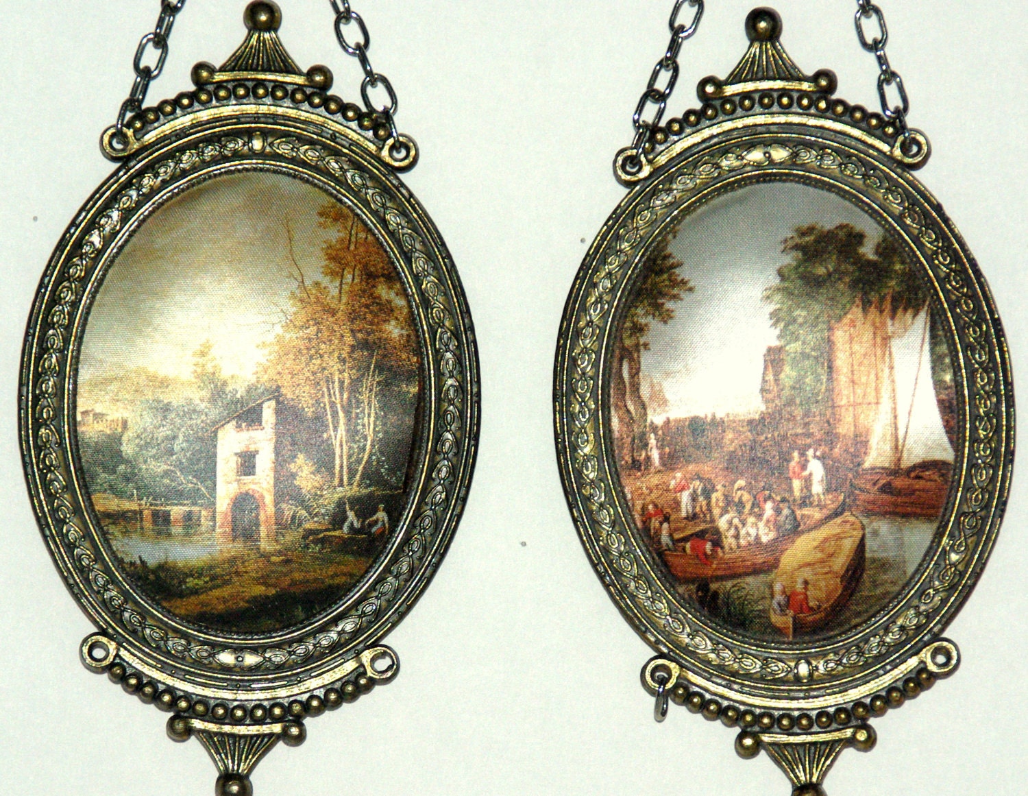 Vintage Silk Prints in Ornate Brass Frames (Seven), Italy,Victorian Scene,Brass Wall Hanging,Cottage Chic