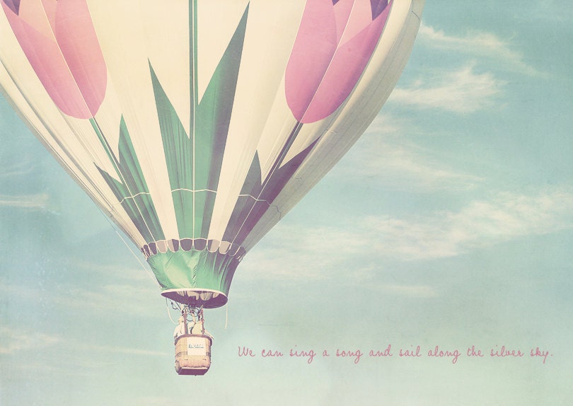 Hot Air Balloon Photo Art Print Flower Leaves Pink Green Sky Blue - 8 x 12