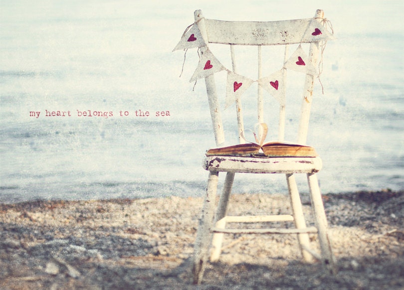 Sea Photo Art Print Ocean Hearts Vintage Chair Burlap Bunting Anqitue Book - 8 x 12