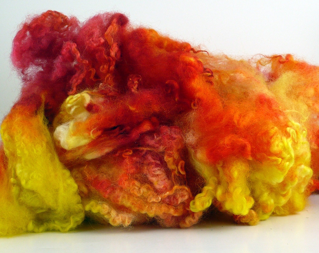 SALE 20% off Spinning Fiber Hand Dyed Bluefaced Leicester Fleece Red Orange Yellow 3 oz