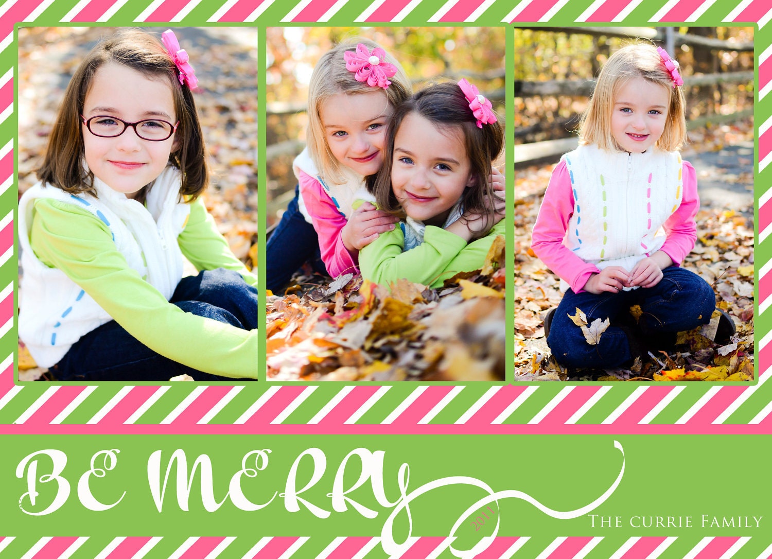 Pink and Lime Green striped PHOTO Holiday Card: Custom printable Il_570xn