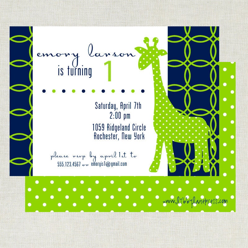 NAVY and LIME GIRAFFE Birthday Invitation, Printable by Libby Lane Press Il_570xn