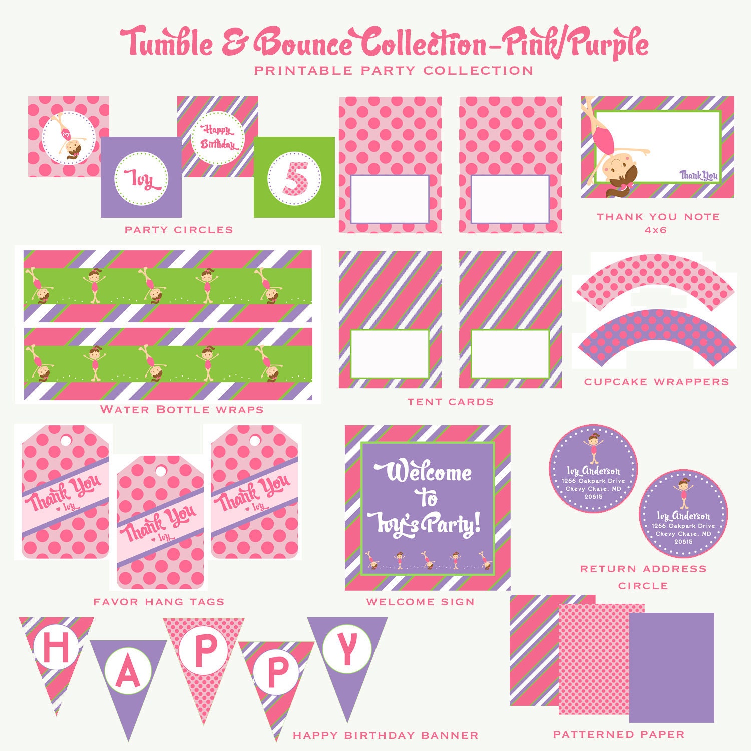 GYMNASTICS BIRTHDAY-Full Collection- Tumble and BOUNCE -Pink and Purple, Custom Printable Il_570xn