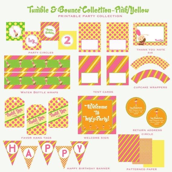 Tumble and BOUNCE GYMNASTICS Full Collection-Yellow and Pink, Custom Printable Il_570xn