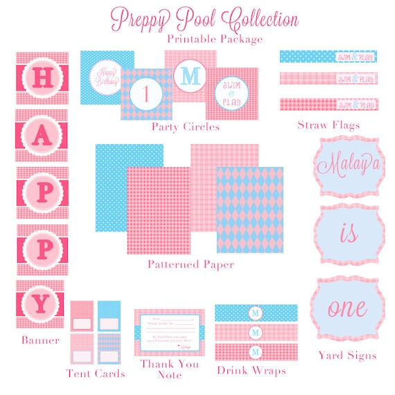 Preppy POOL PARTY Birthday Party - PRINTABLE Collection - Libby Lane Press Il_570xn