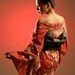 Japanese Traditional Red Flower Geisha Yukata & Green Obi