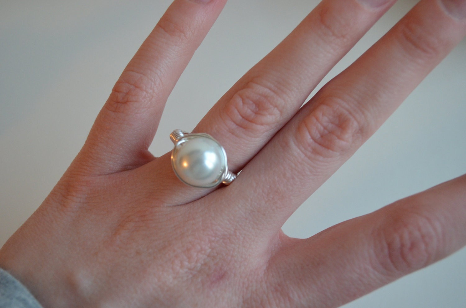 Romantic Lovely Wire Wrapped Ring- Custom Size Ring Swarovski Pearl Cream, White, Ivory