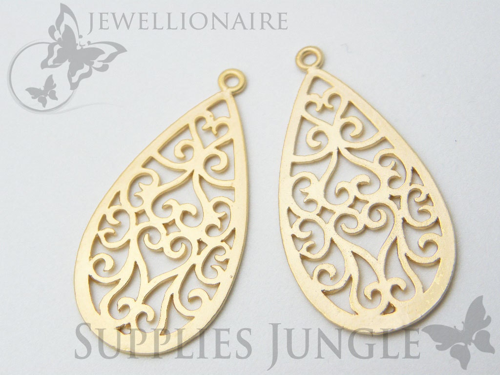 P098-MG// Matt 14k Gold Plated Oriental Teardrop Pendant, 2Pc