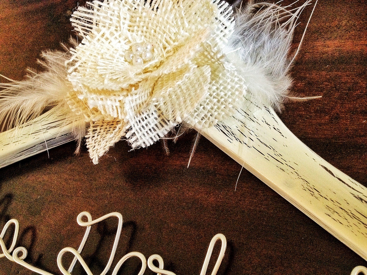 Distressed Style Wedding Dress Hanger w/ Burlap Flower