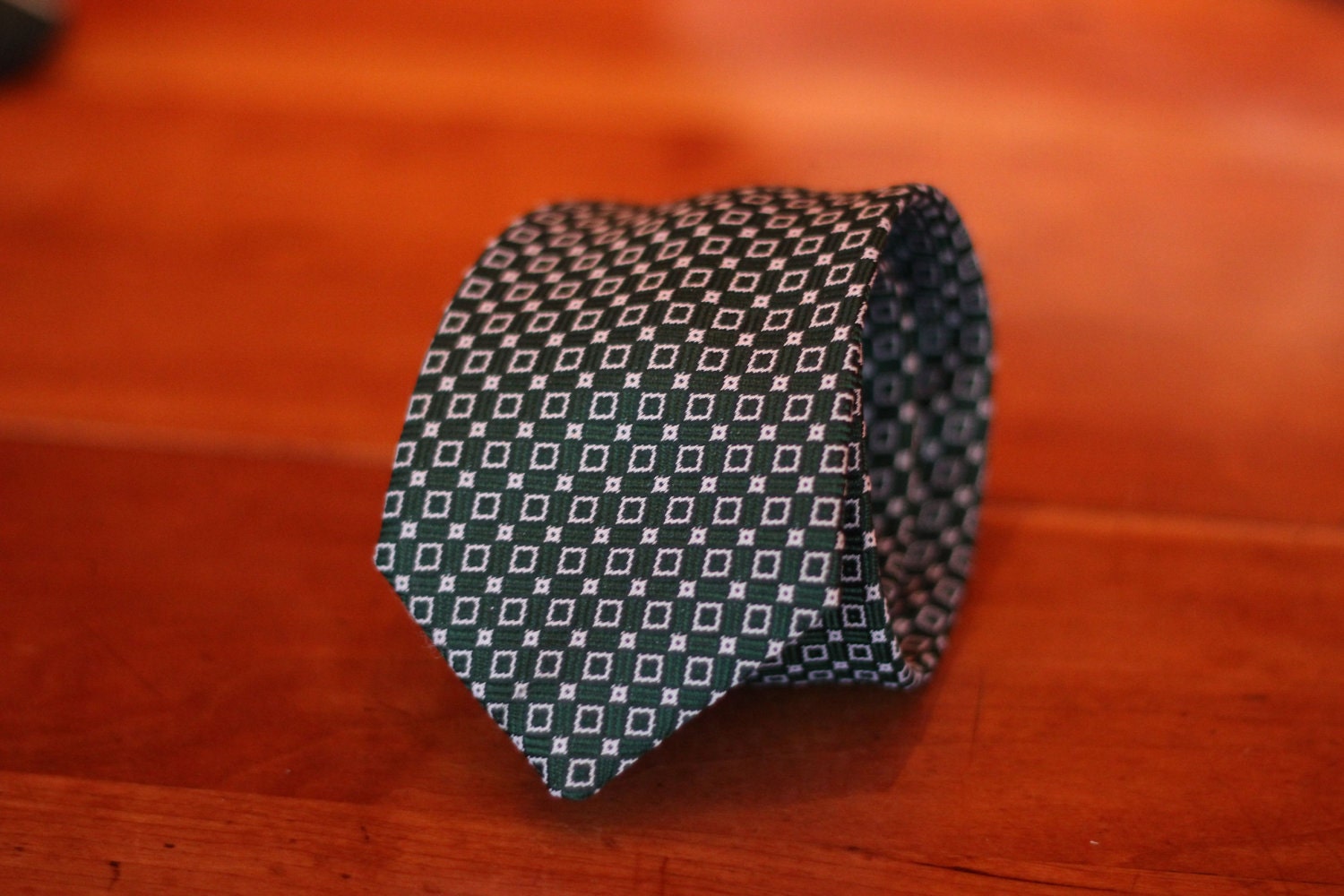 Vintage Green and White Square Pattern Polyester Necktie