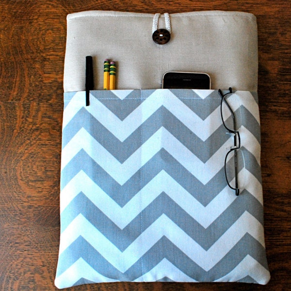 15 inch laptop Macbook Mac book Pro Cover Padded Case Sleeve - Linen with Linen with Grey White Chevron Zig Zag Fabric Pocket