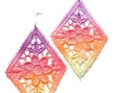 Lace Earrings Neon Flower Hand Painted - Purple Red Orange Green Ombre - Customizable Colors