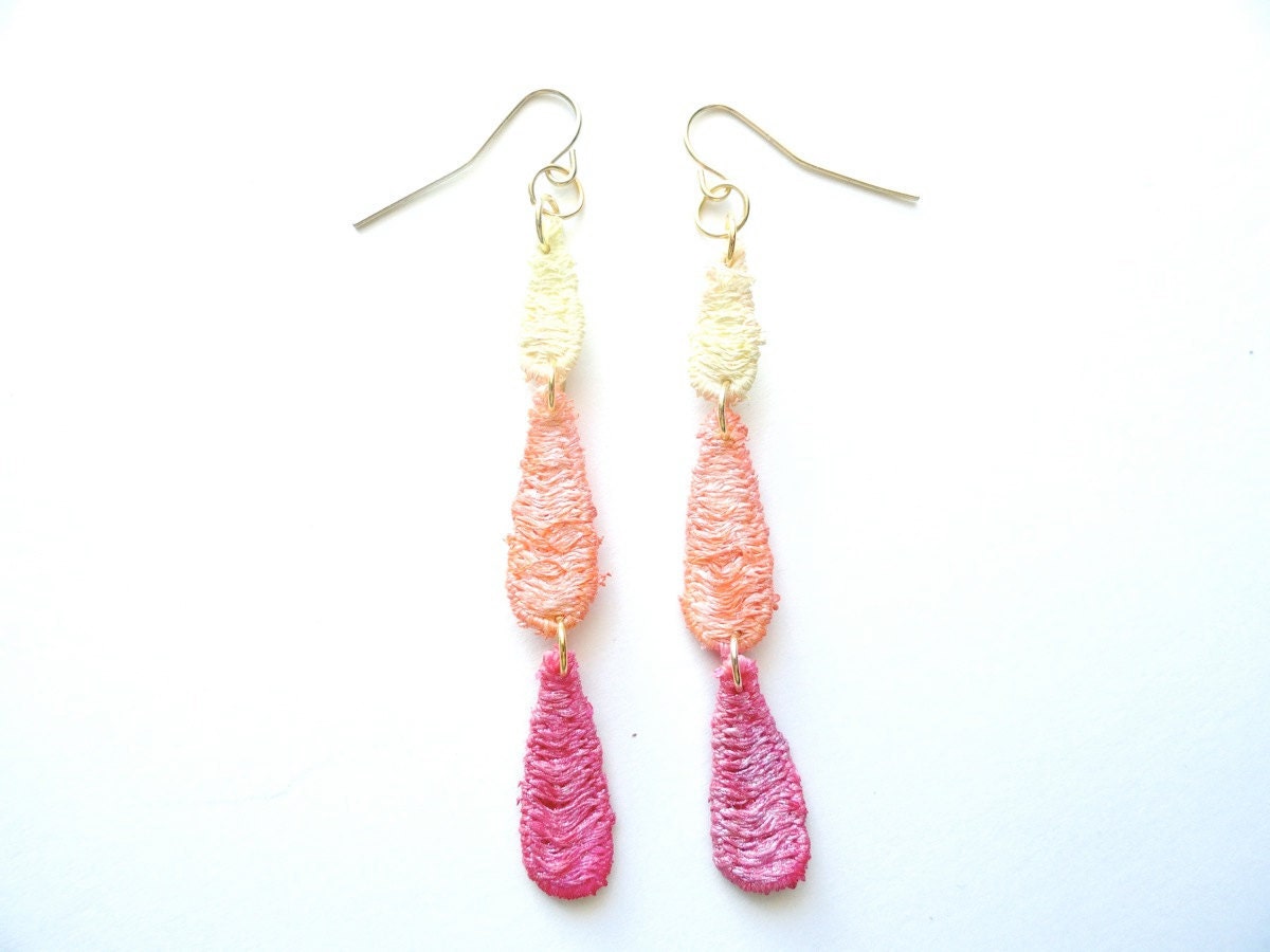 Lace Earrings Hand Painted Pink Orange Yellow Ombre