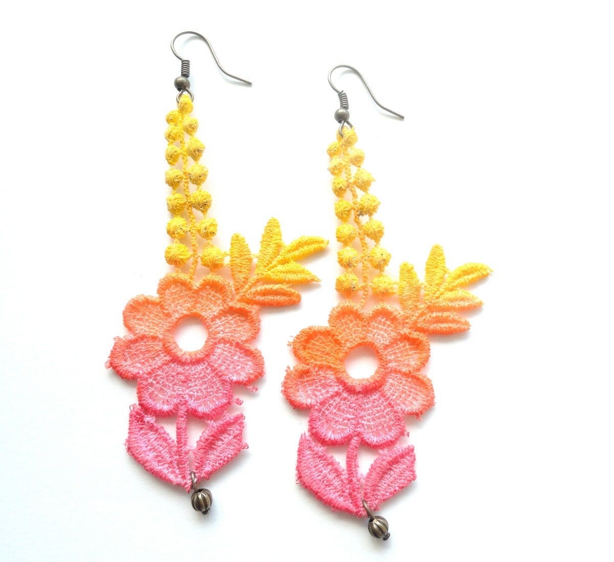 Lace Earrings Hand Dyed - Fashion Red Orange Yellow Flowers with Antiqued Bronze Accents- Customizable Colors )-( LAURIE )-(