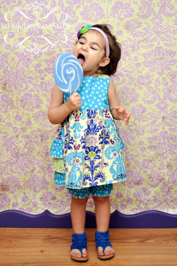 The Layla - Reverse Knot Bustle Ruffle Dress Green Turquoise Blue Damask Polka Dot bloomer outfit