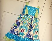 The Lyla - Knot Dress Green Turquoise Blue Damask Polka Dot