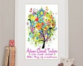 Personalized Girls Christening Birth Announcement Gift Handmade Colourwork Tree giclee art BIG print. 16x11"