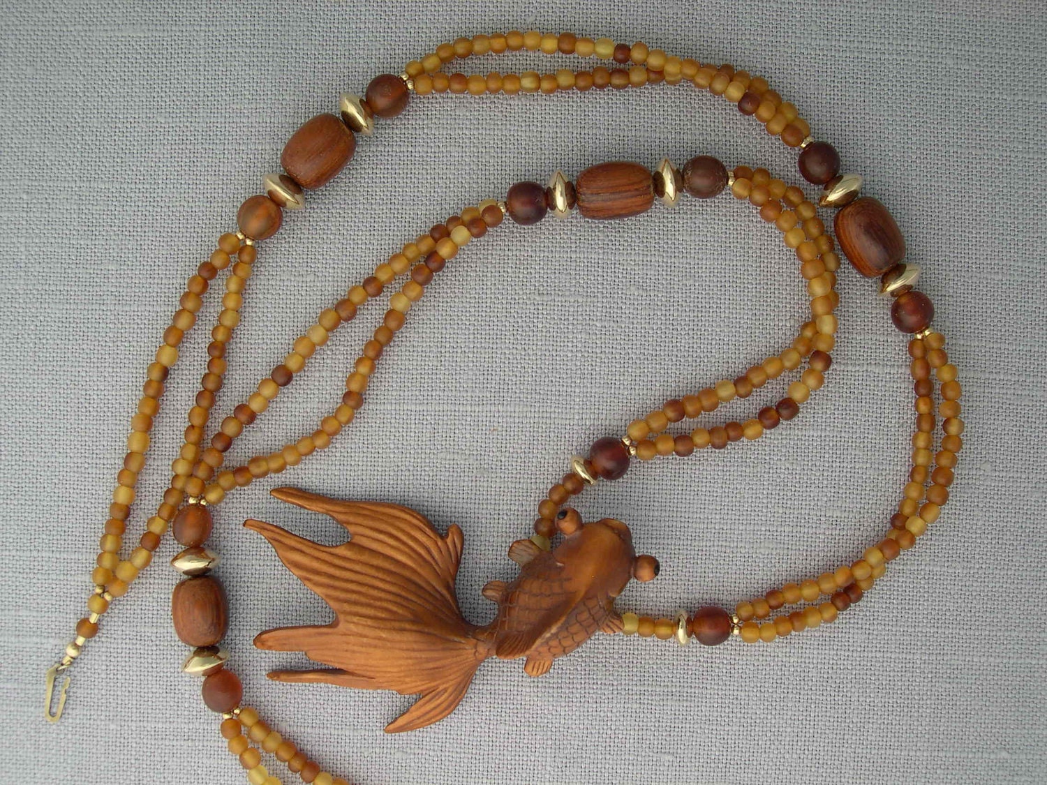 Necklace, Beaded Asian Inspired with Carved Wood Goldfish Ojime Bead, Golden Horn, and 14K  Gold Filled Beads,