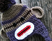 Baby Sock Monkey Hat in Purple and Brown