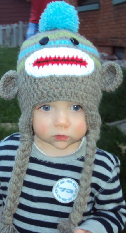 Toddler  Sock Monkey Hat in Blue and Green