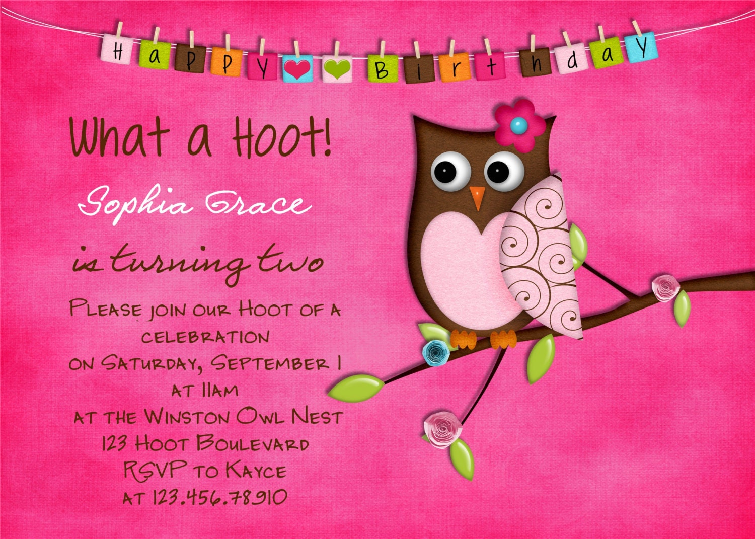 Owl Birthday Invitation - Pink Girl Owl - Choose Your Color Printable File Il_170x135