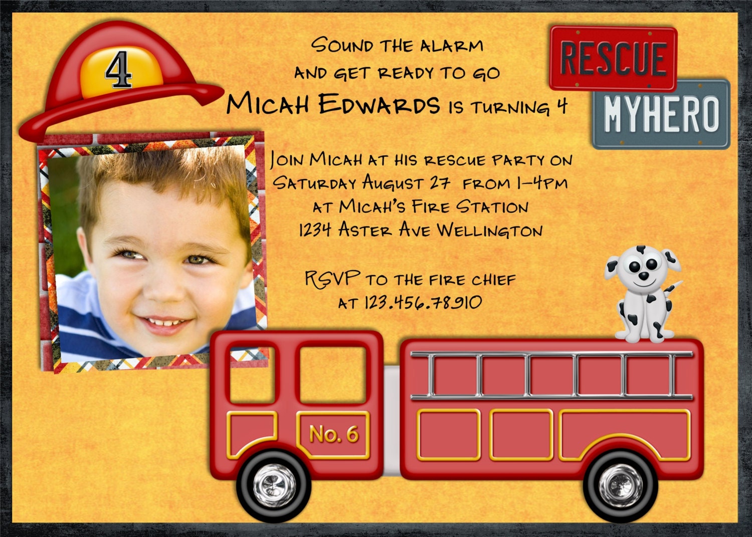 Fireman Birthday Invitation Fire Truck Firefighter - Personalized  You Print or Email