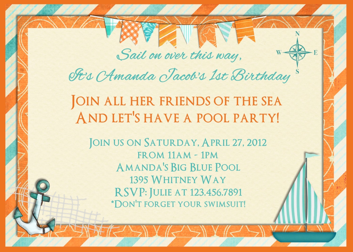 Island Nautical Birthday Invitation Pool Party You Print Personalized Invite
