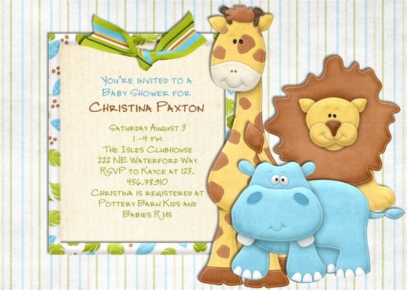 Jungle Baby Shower Invitation - Jungle Animals Hippo Lion Giraffe You Print Digital File Il_570xn