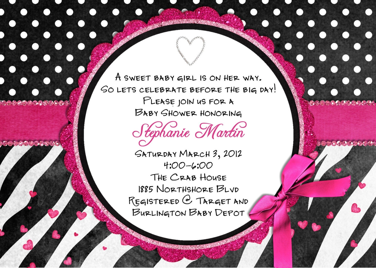 Zebra Baby Shower Invitation Printable and Custom Pink or Teal