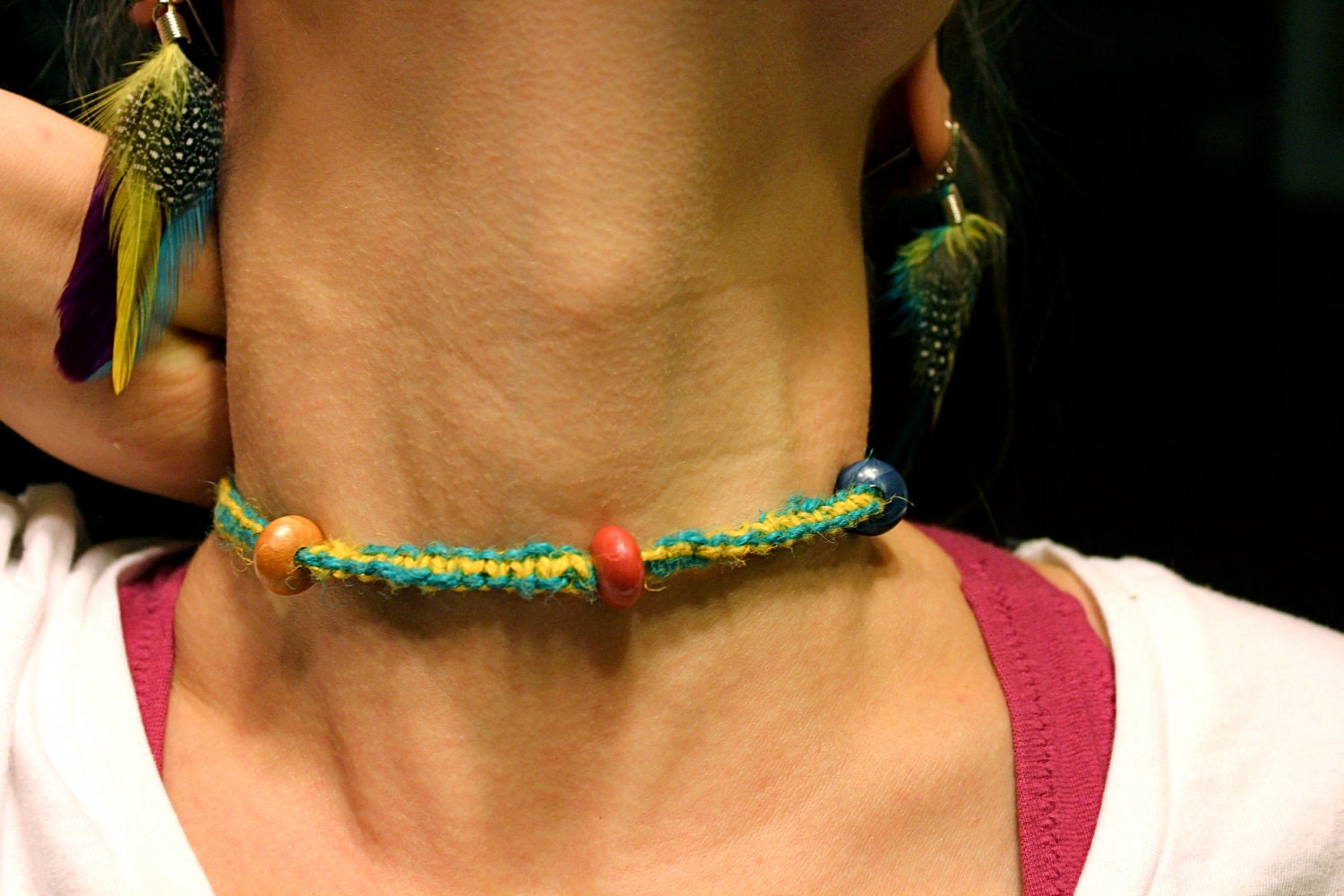 Hemp Necklace -Blue and Yellow with Reverse Hemping
