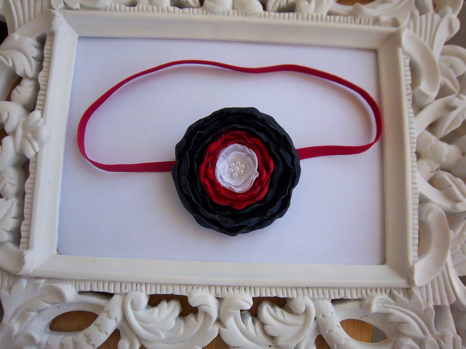 Red White and Blue Satin Singed Flower Patriotic 4th of July Holiday Headband for Newborns Infants Toddlers Photo Prop-READY TO SHIP